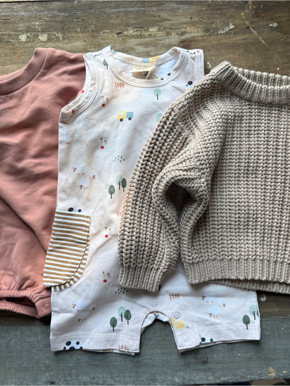 Kids Neutral Knit Sweater & Woodland Romper Set - Beige, Cream, Blush